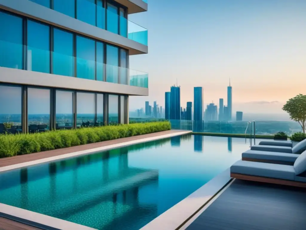 Edificio de lujo: vivienda moderna con piscina en la azotea Edificio de apartamentos de lujo con terraza y piscina en ambiente urbano