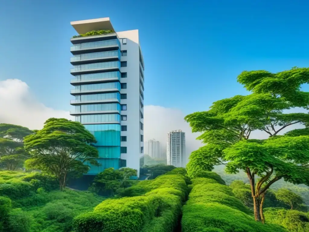 Edificio de apartamentos de lujo con vista panorámica en la ciudad Edificio de apartamentos de lujo con ventanales de piso a techo reflejando un cielo azul, rodeado de vegetación