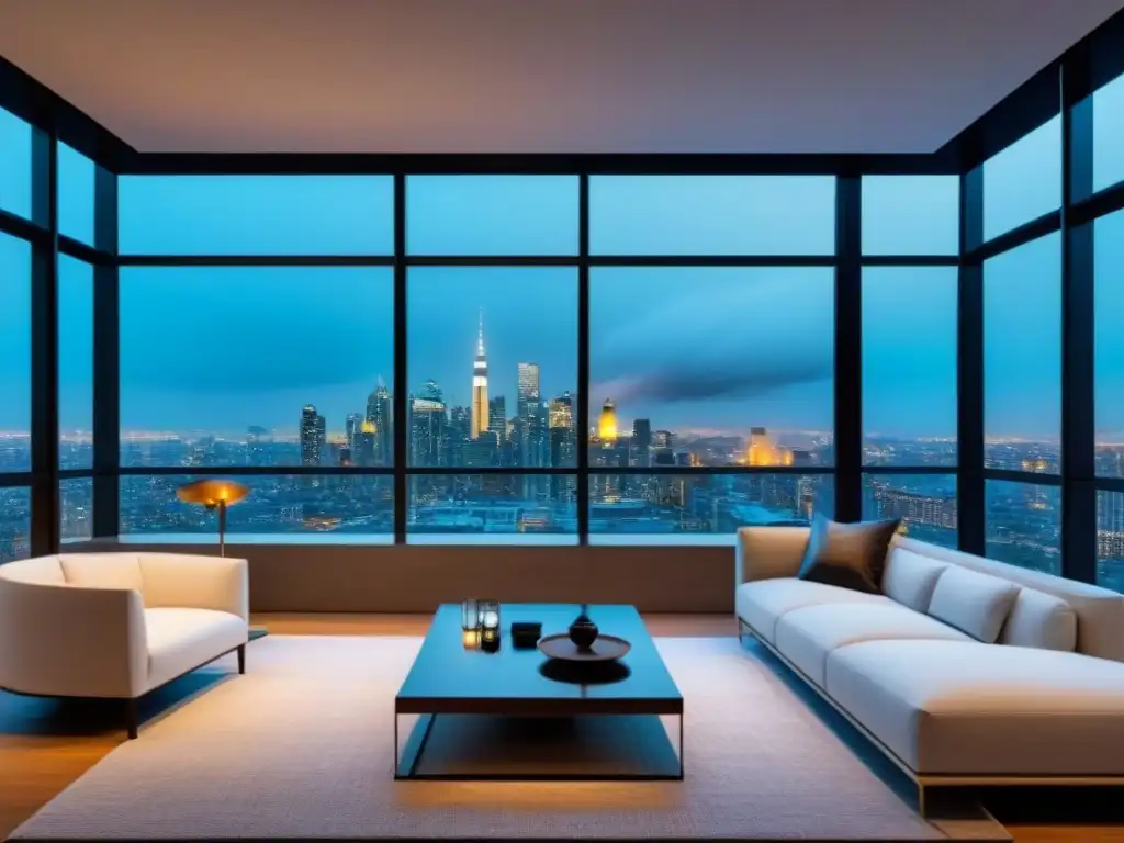 Edificio de lujo con vista nocturna de la ciudad Edificio de apartamentos de lujo con ventanales de piso a techo reflejando un vibrante horizonte urbano nocturno