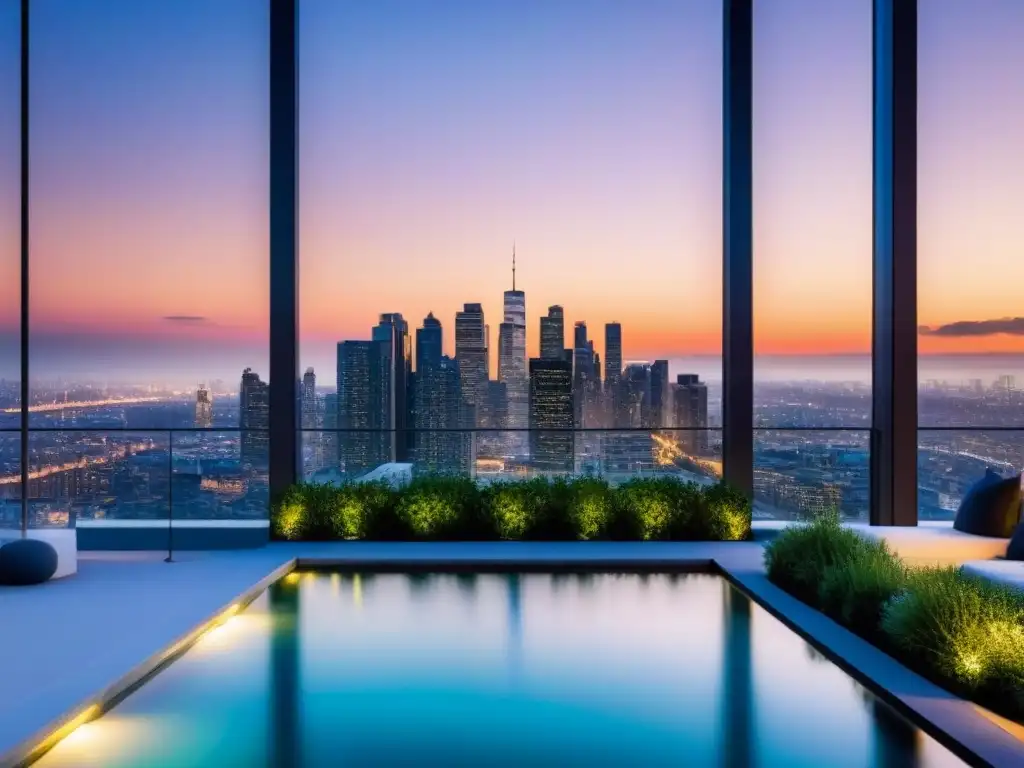 Rascacielos de lujo con vistas panorámicas al atardecer Edificio de apartamentos de lujo con ventanales panorámicos y piscina infinita en la azotea, estrategias inmobiliarias globales inversión