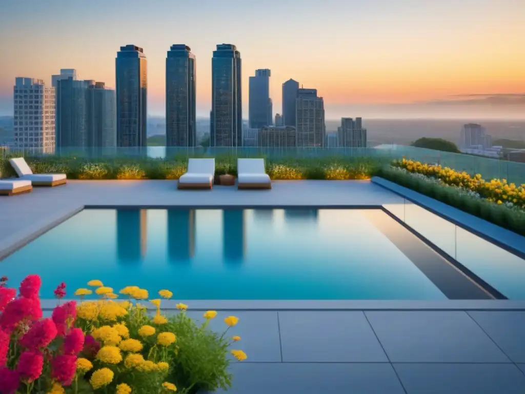 Vida urbana sostenible: lujo, comunidad y naturaleza en el atardecer Un edificio de apartamentos de lujo con exteriores de vidrio, rodeado de vegetación y flores
