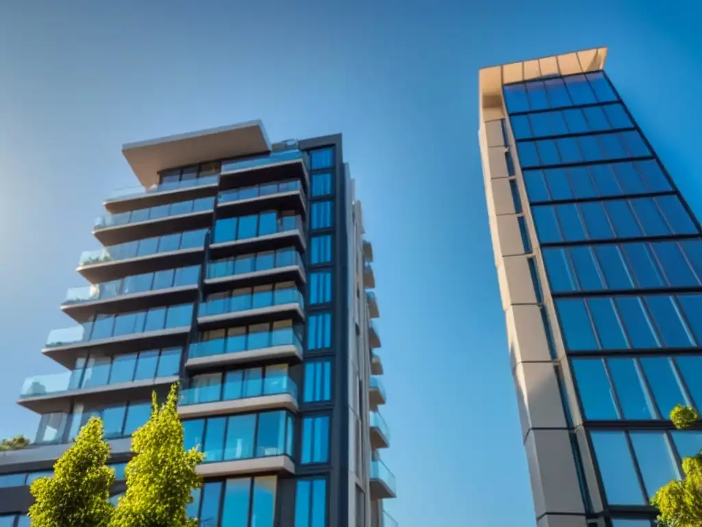 Edificio de apartamentos de lujo: elegancia y sofisticación en la ciudad Un edificio de apartamentos moderno de lujo con fachadas de vidrio, rodeado de exuberante vegetación y bajo un cielo azul claro