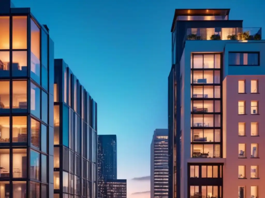 Rascacielos de lujo con vista nocturna de la ciudad Edificio de apartamentos moderno de lujo con ventanales de piso a techo reflejando un vibrante paisaje urbano nocturno