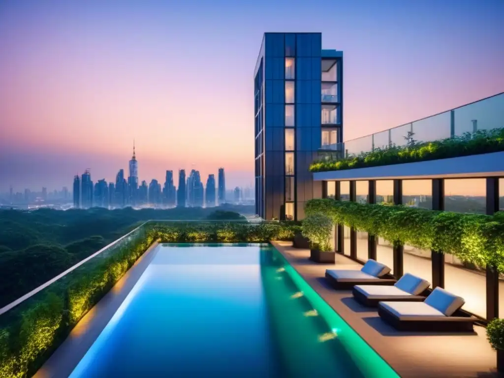 Un edificio de apartamentos moderno de lujo con vistas a la ciudad al atardecer, rodeado de vegetación exuberante y una piscina en la azotea