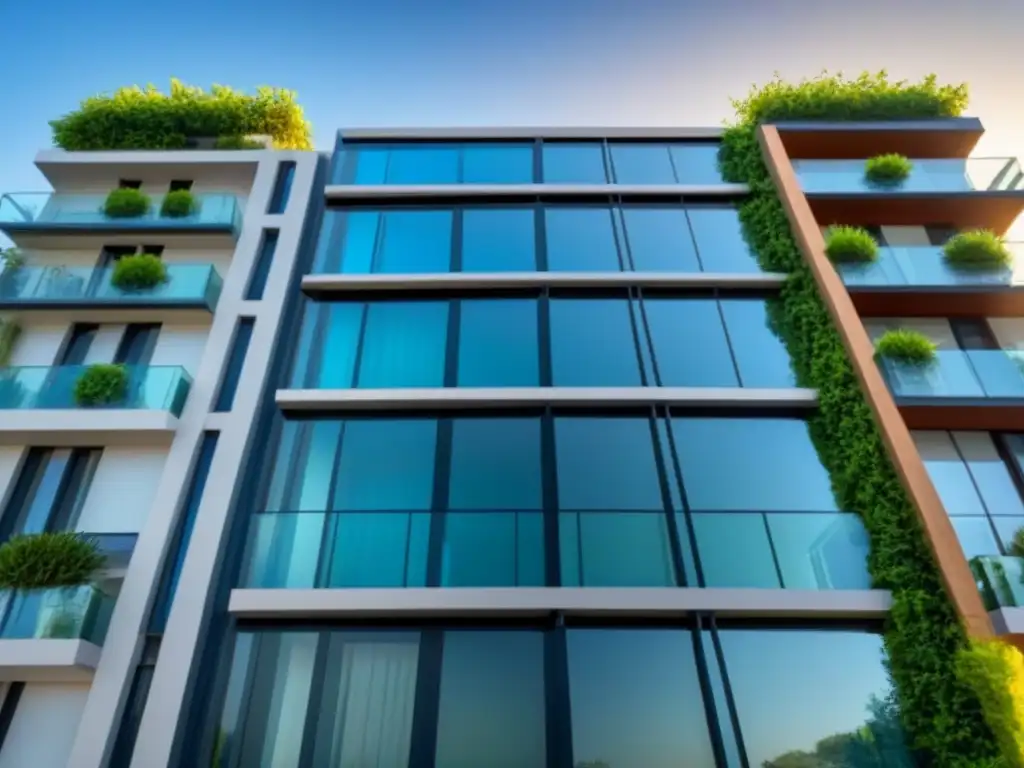 Edificio de apartamentos de lujo: modernidad y seguridad en inversión inmobiliaria Edificio de apartamentos moderno y lujoso, rodeado de exuberante vegetación y cielo azul