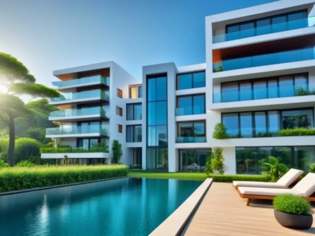 Edificio de lujo: arquitectura elegante en entorno exclusivo Edificio de apartamentos moderno y lujoso con arquitectura elegante, rodeado de naturaleza exuberante y una piscina reluciente bajo el cielo azul