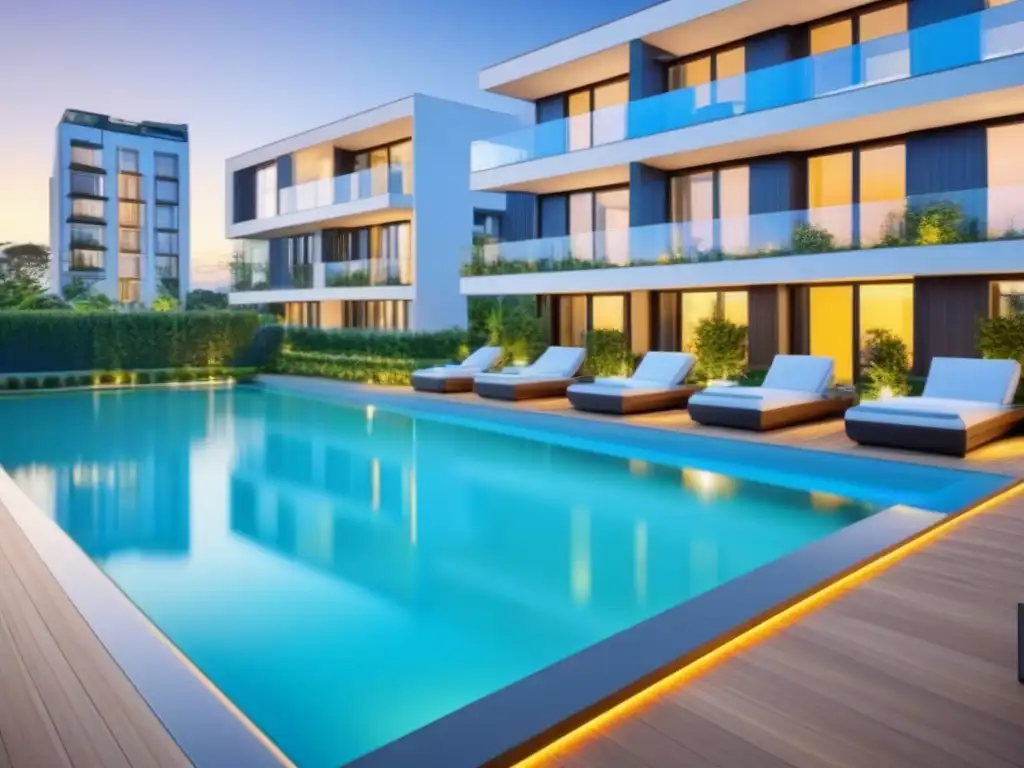 Edificio de apartamentos moderno y lujoso en entorno natural Un edificio de apartamentos moderno y lujoso con diseño arquitectónico elegante, rodeado de exuberantes jardines y una piscina reluciente