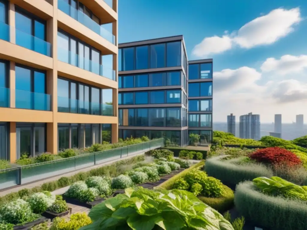 Edificio ecológico de lujo con paneles solares y jardín verde en la azotea Un edificio de apartamentos moderno y lujoso rodeado de vegetación, con paneles solares relucientes en el techo bajo el sol brillante