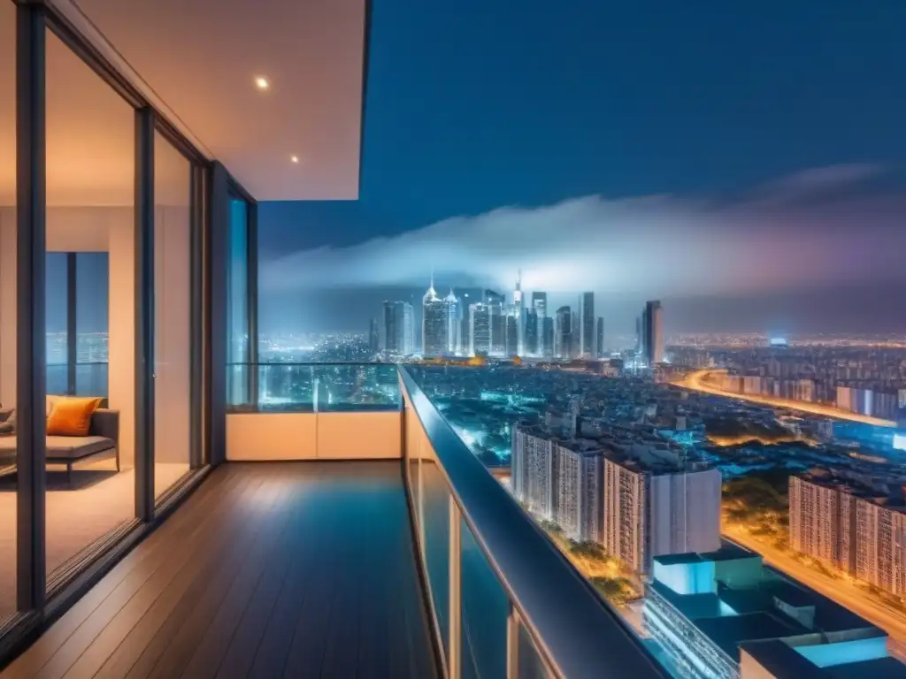 Edificio de lujo con vistas nocturnas de la ciudad Edificio de apartamentos moderno y lujoso con ventanales de piso a techo, reflejando un vibrante paisaje urbano nocturno