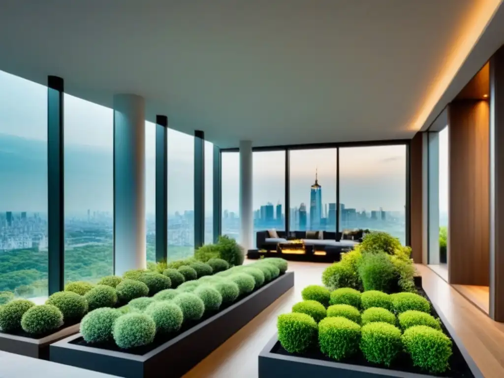 Edificio de apartamentos de lujo con diseño moderno y jardín en la azotea Edificio de apartamentos moderno y lujoso con jardín en la azotea, rodeado de vegetación y vistas a la ciudad