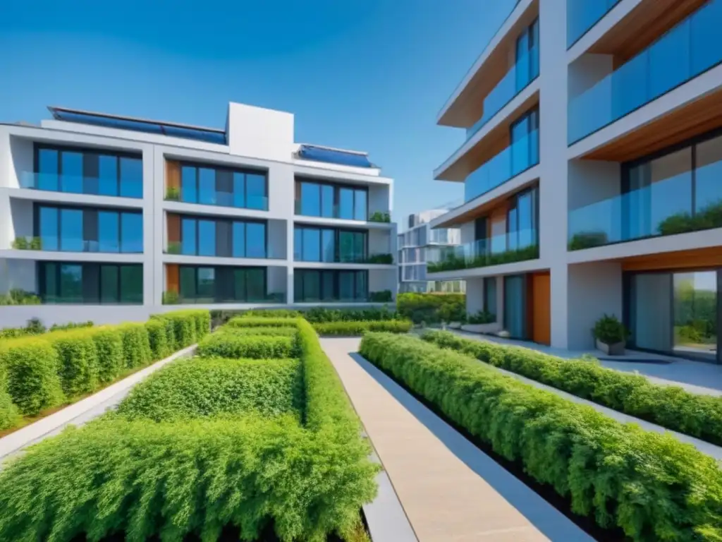 Edificio eco-sostenible de lujo en entorno natural, innovador y elegante Un edificio de apartamentos moderno rodeado de vegetación, con paneles solares en el techo y grandes ventanas que reflejan el cielo azul
