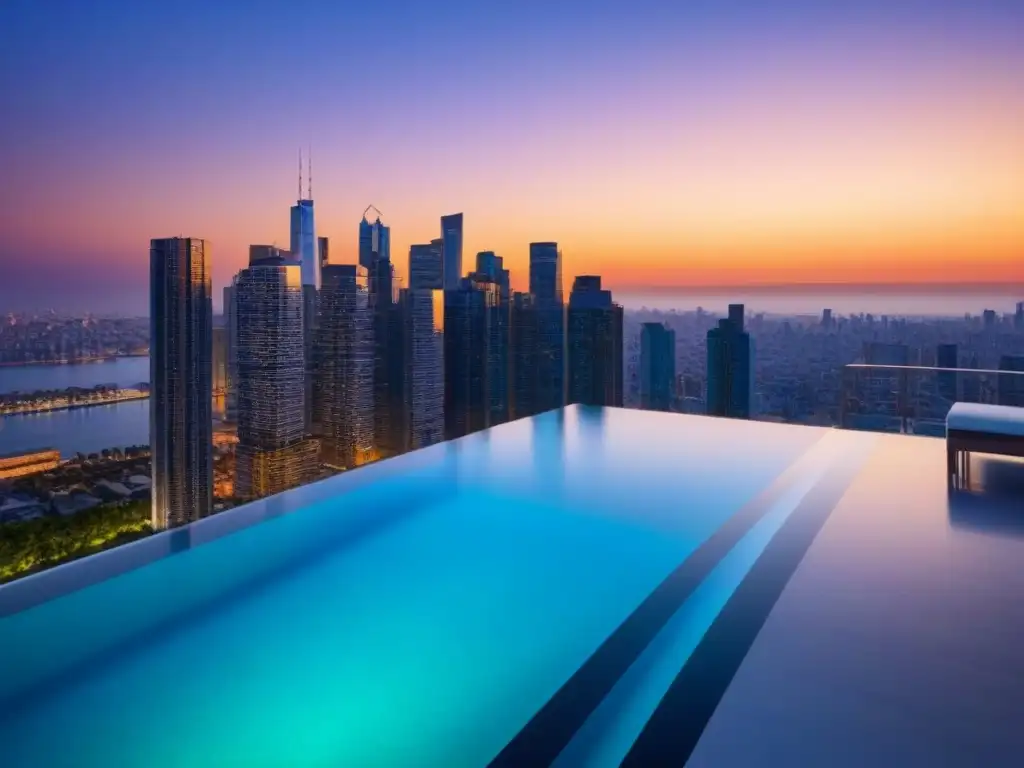 Edificio de lujo en la ciudad al atardecer: vista aérea impactante Edificio de apartamentos de superlujo en la ciudad al atardecer, con una piscina infinita en la azotea y una vista panorámica impresionante