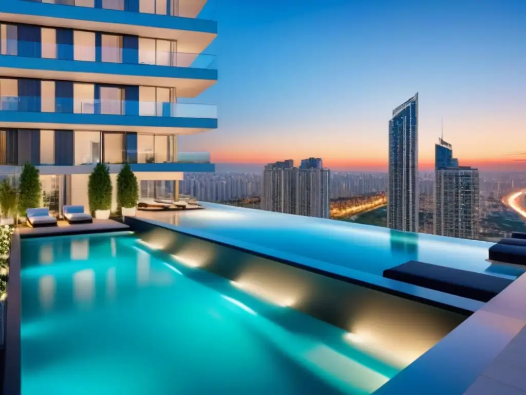 Edificio de lujo en ciudad vibrante Un edificio de apartamentos de superlujo destaca en un paisaje urbano vibrante, con vidrios elegantes y una piscina infinita en la azotea