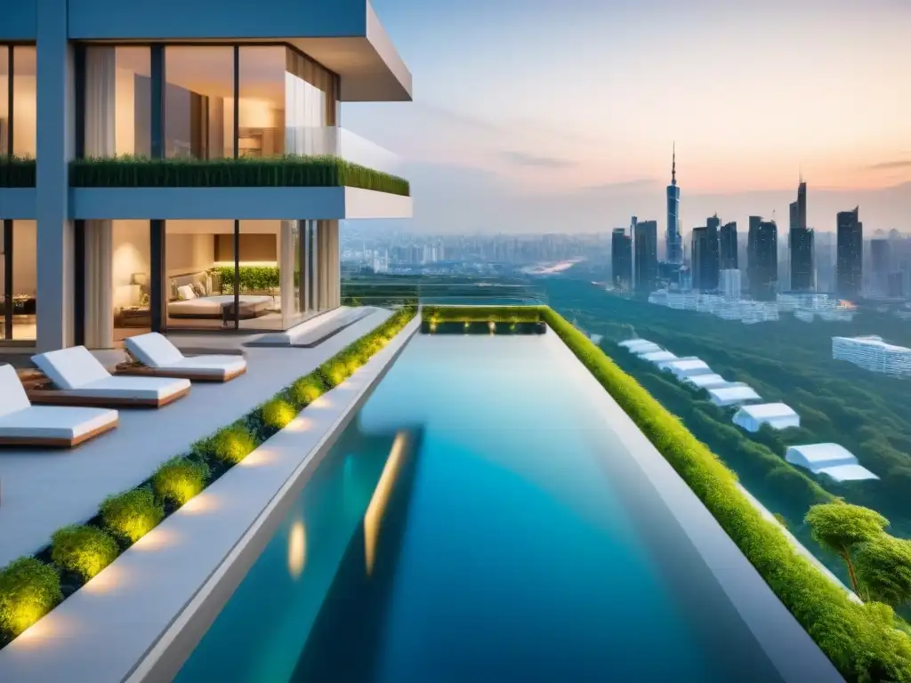 Rascacielos de lujo: modernidad y exclusividad en la ciudad Edificio de apartamentos de superlujo con piscina infinita en el techo y helipuerto, rodeado de exuberante vegetación y ciudad reluciente