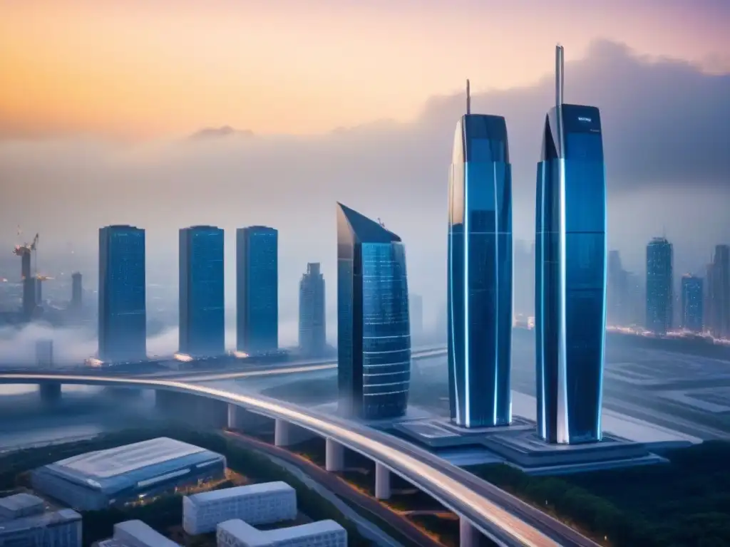 Edificio postfusión: Sinfonía arquitectónica del futuro Un edificio postfusión de diseño arquitectónico futurista y elegante, mostrando sinergias en su estructura y elementos tradicionales y modernos