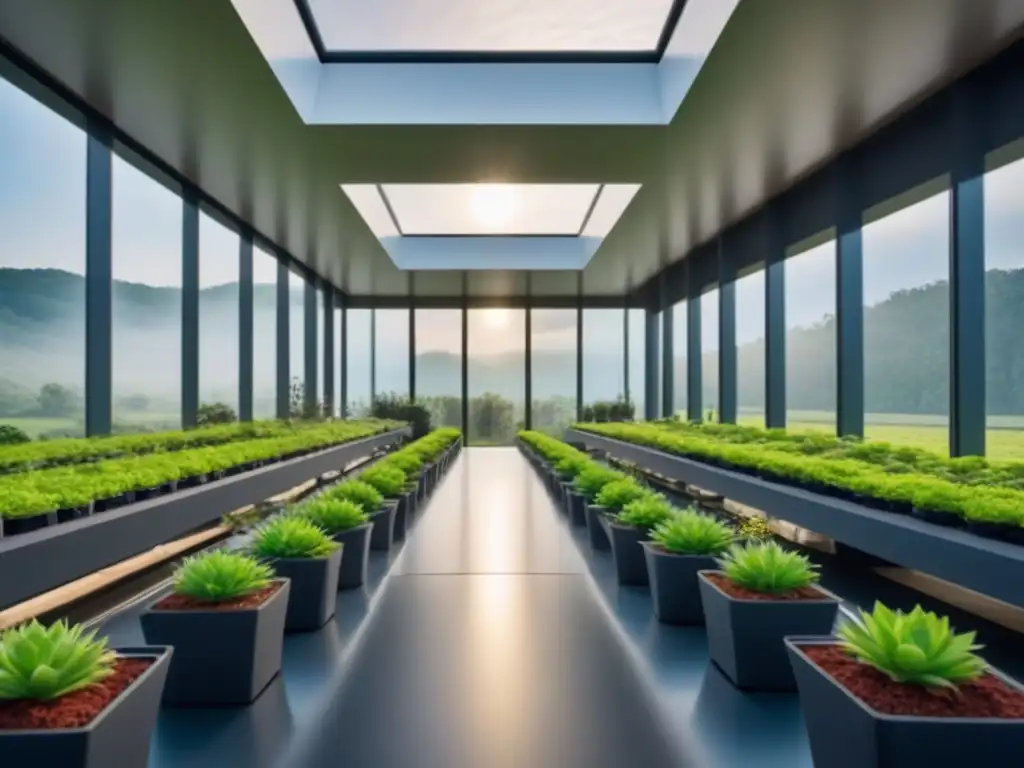 Edificio bioclimático futurista: diseño sostenible y ecoamigable Edificio bioclimático eficiente con diseño futurista y vegetación integrada, iluminado por luz natural