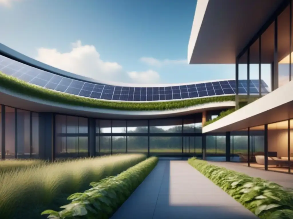 Edificio bioclimático futurista: diseño sostenible con paneles solares y vegetación Un edificio bioclimático futurista con eficiencia energética y diseño vanguardista