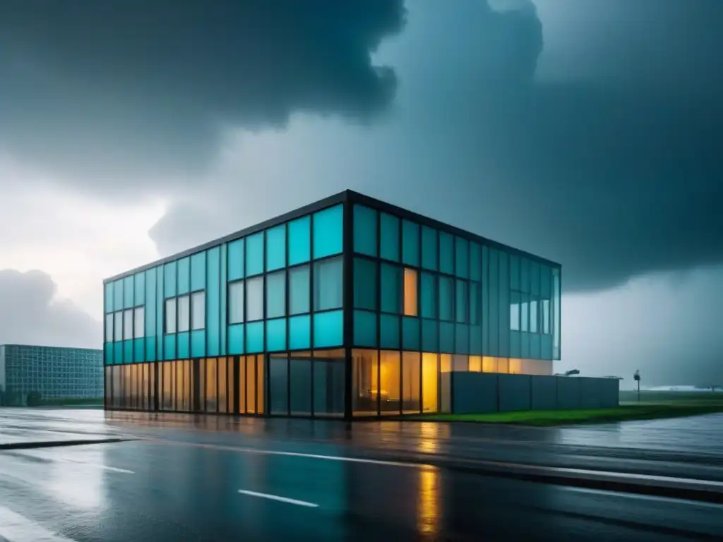 Edificio comercial desafiando tormenta: impacto del cambio climático Un edificio comercial desafiante frente al impacto de cambios climáticos seguro propiedad