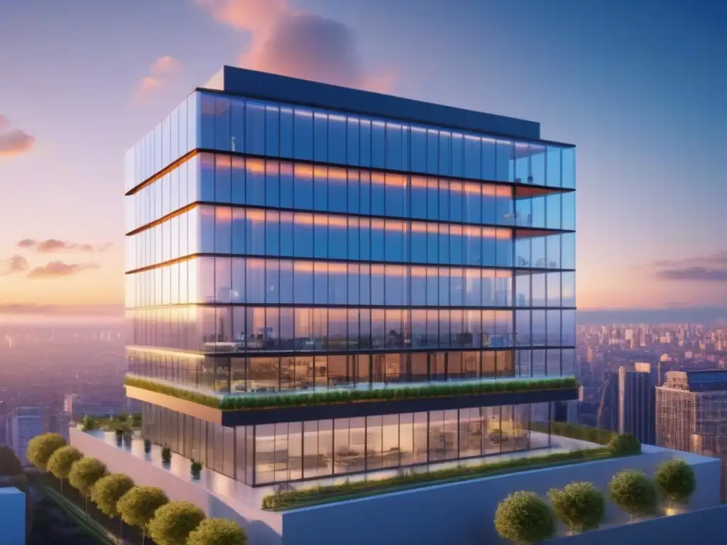 Edificio comercial del futuro con IoT y energía verde en 8k Edificio comercial futurista con IoT en bienes raíces comerciales, innovador y sostenible, integrado con la ciudad