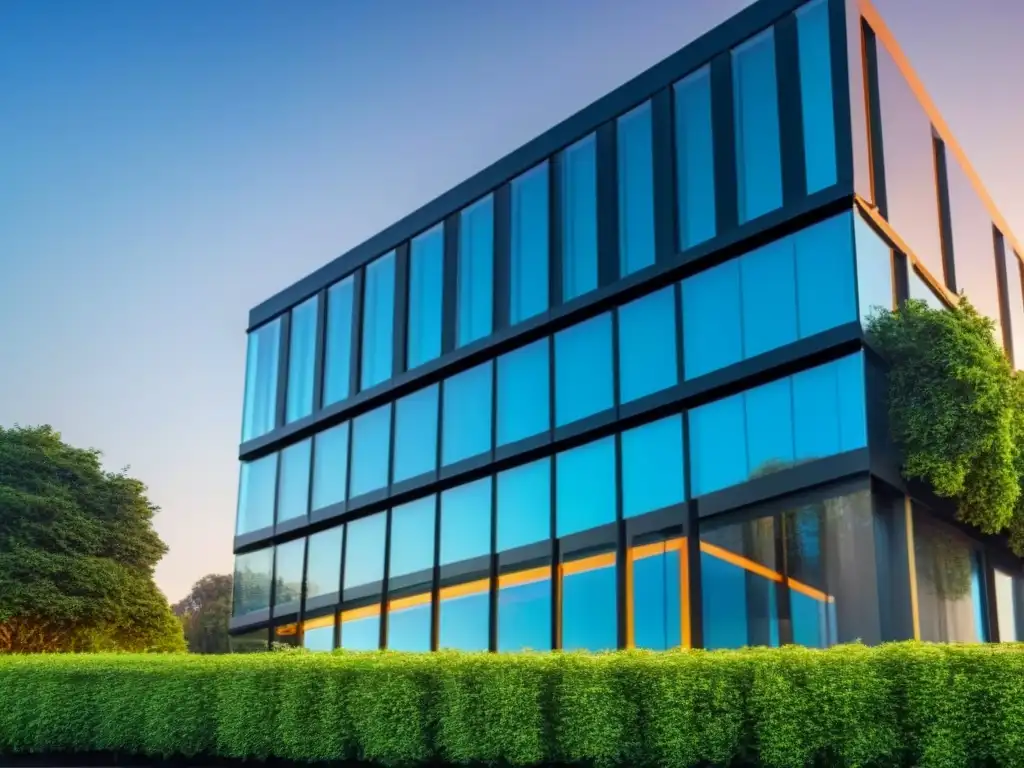 Edificio comercial futurista con eficiencia energética y tecnología IoT Edificio comercial futurista con IoT en bienes raíces comerciales, rodeado de naturaleza y tecnología