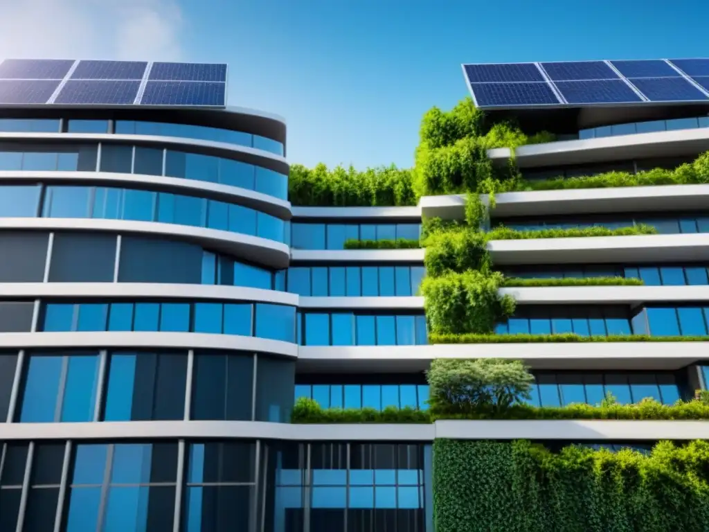 Edificio comercial futurista cubierto de vegetación y paneles solares Edificio comercial futurista cubierto de vegetación, integrando paneles solares