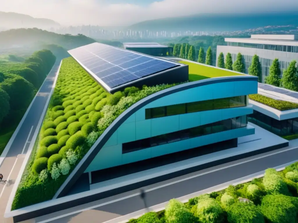 Edificio comercial futurista sostenible rodeado de naturaleza exuberante Edificio comercial futurista con diseño sostenible rodeado de naturaleza