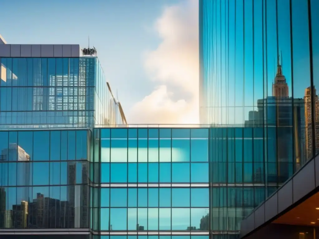 Edificio comercial futurista en metrópolis vibrante Edificio comercial futurista con fachadas de vidrio, reflejando la vibrante ciudad