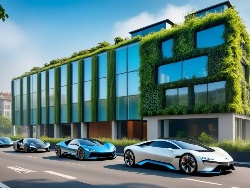 Edificio futurista eco-sostenible en armonía con la naturaleza Edificio comercial futurista integrado con la naturaleza, reflejando sostenibilidad y modernidad