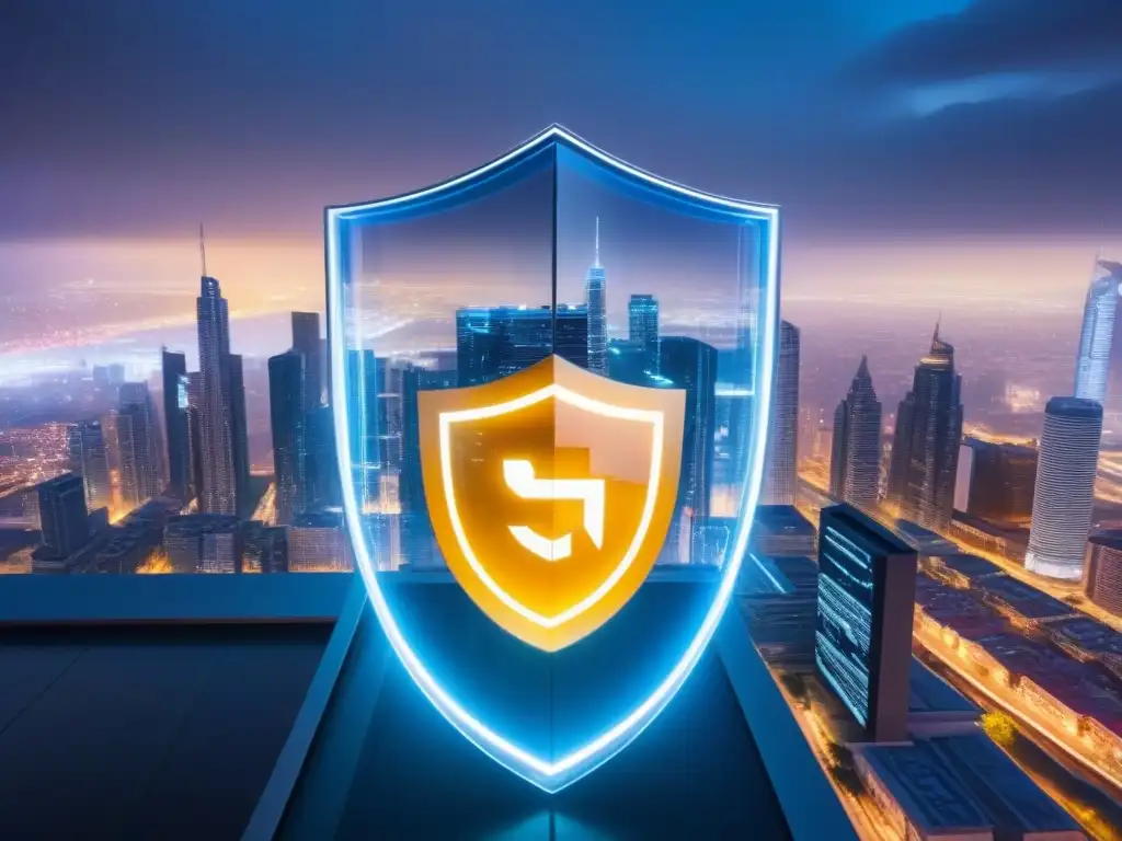 Edificio futurista protegido: innovación y seguridad en la ciudad Un edificio comercial futurista protegido por una avanzada cobertura de seguros