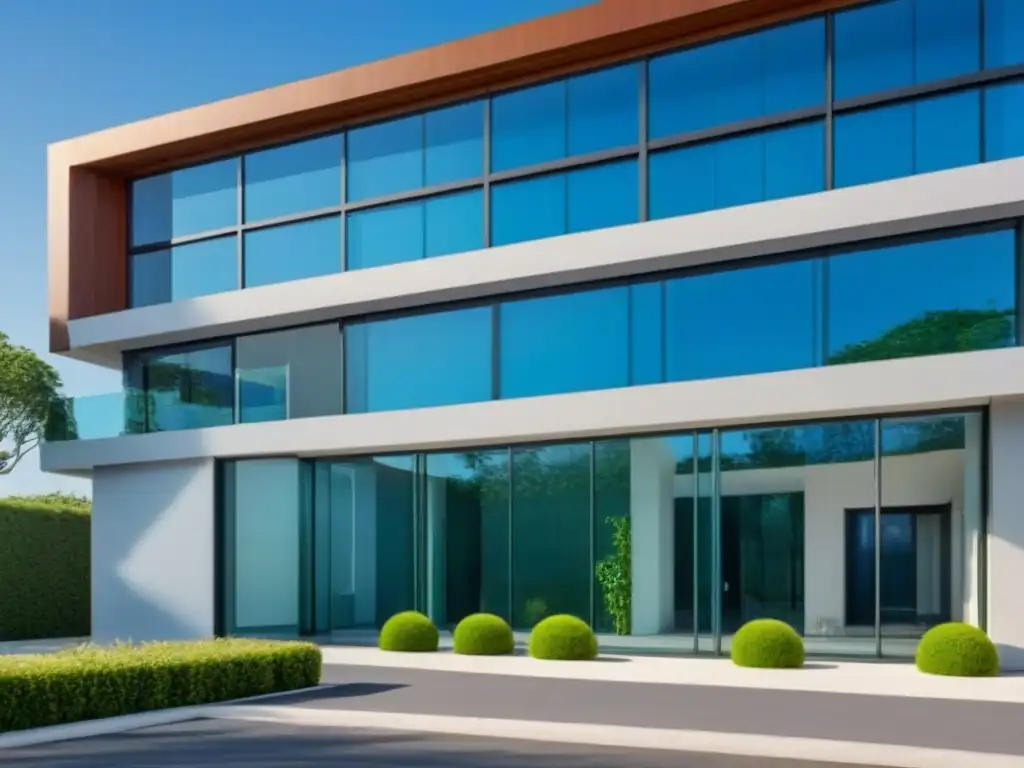 Edificio comercial moderno con seguridad innovadora y exuberante paisajismo Edificio comercial moderno con coberturas seguros propiedades comerciales y avanzadas medidas de seguridad, rodeado de exuberante vegetación