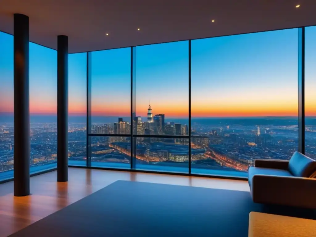 Edificio comercial de lujo en la ciudad al atardecer Edificio comercial moderno con cristaleras y diseño interior elegante iluminado por la noche en una ciudad vibrante