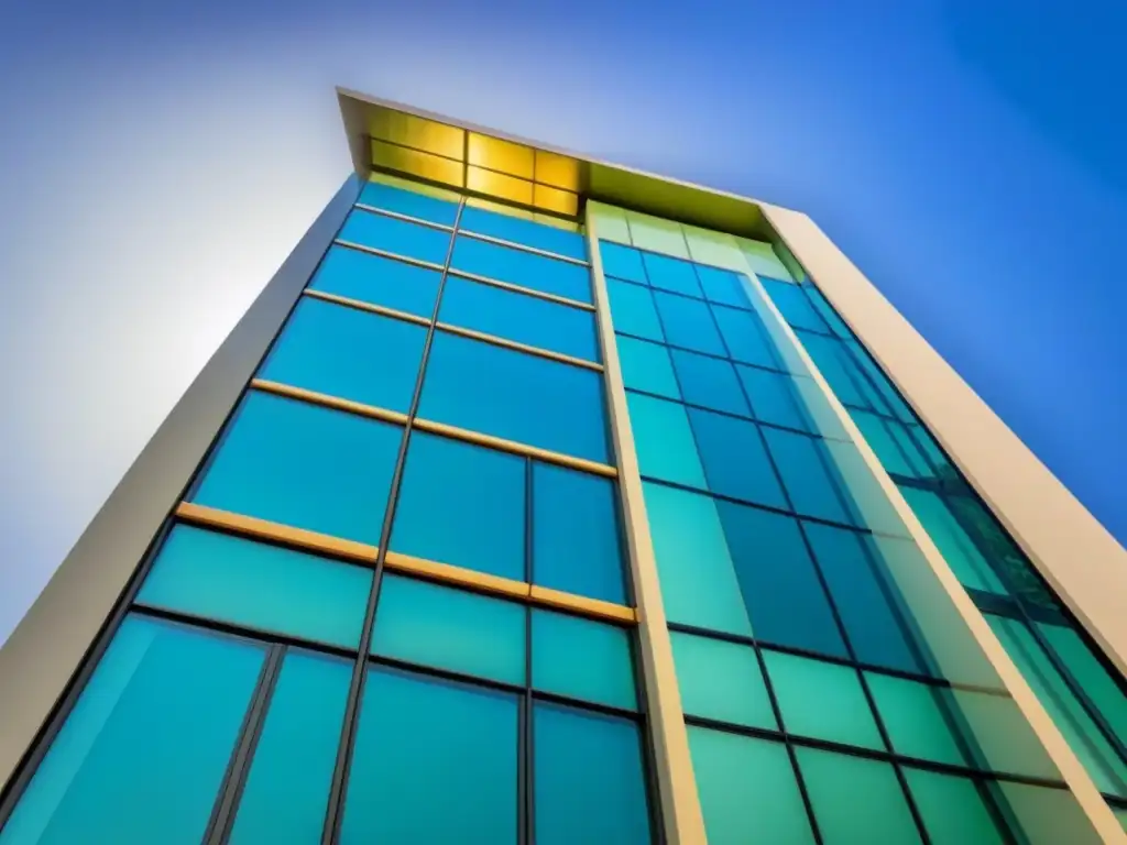 Edificio comercial moderno con fachada de vidrio reflejante bajo cielo azul Un edificio comercial moderno con fachada de vidrio reflectante, rodeado de vegetación exuberante bajo un cielo azul claro