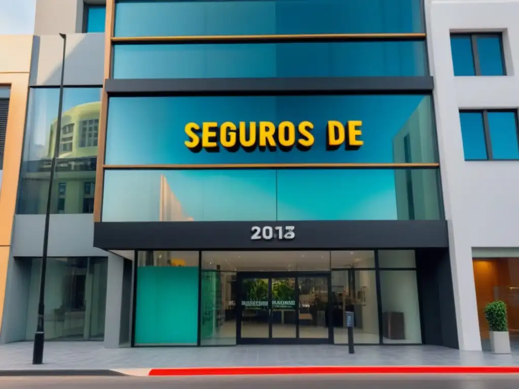 Seguros de Propiedad Comercial: Protección Urbana en Acción Edificio comercial moderno con letrero 'Seguros propiedades comerciales arrendadores' en vibrante ciudad