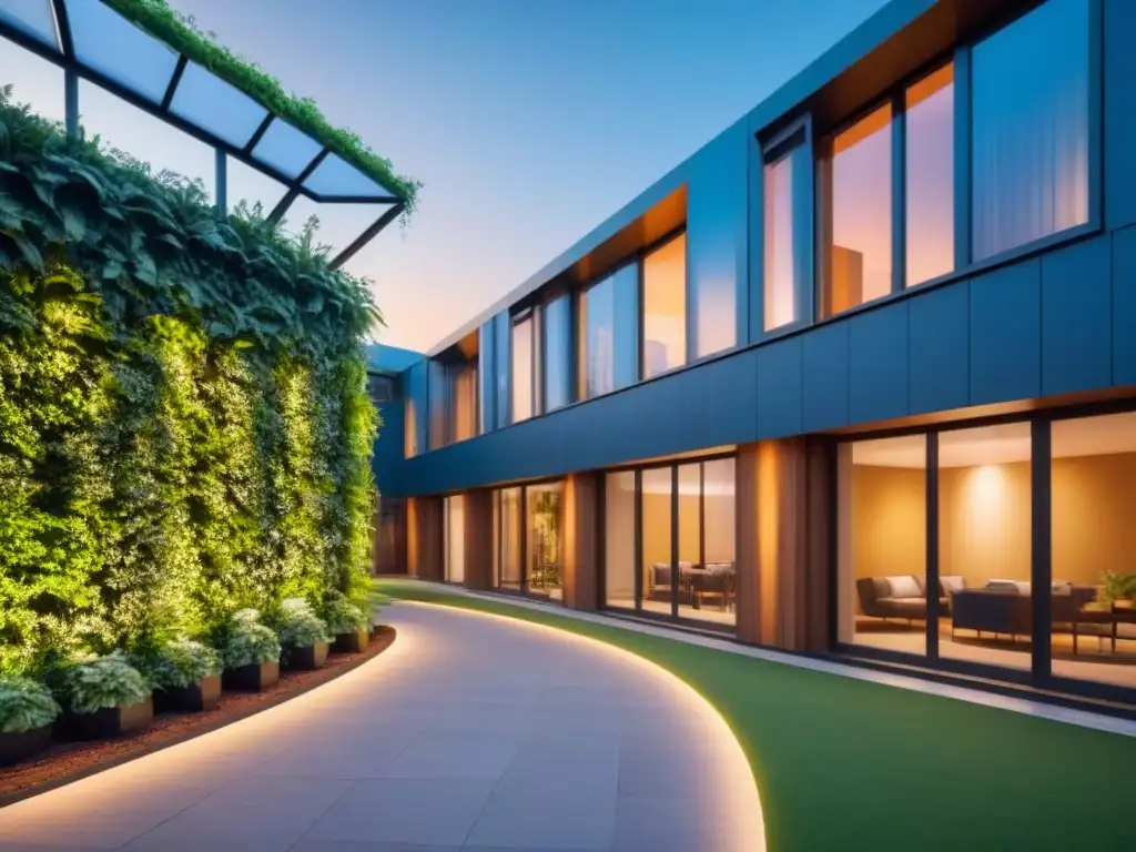 Edificio comercial ecoamigable en entorno urbano verde Edificio comercial moderno con paneles solares, jardines verticales y amplias ventanas, rodeado de vegetación en una ciudad