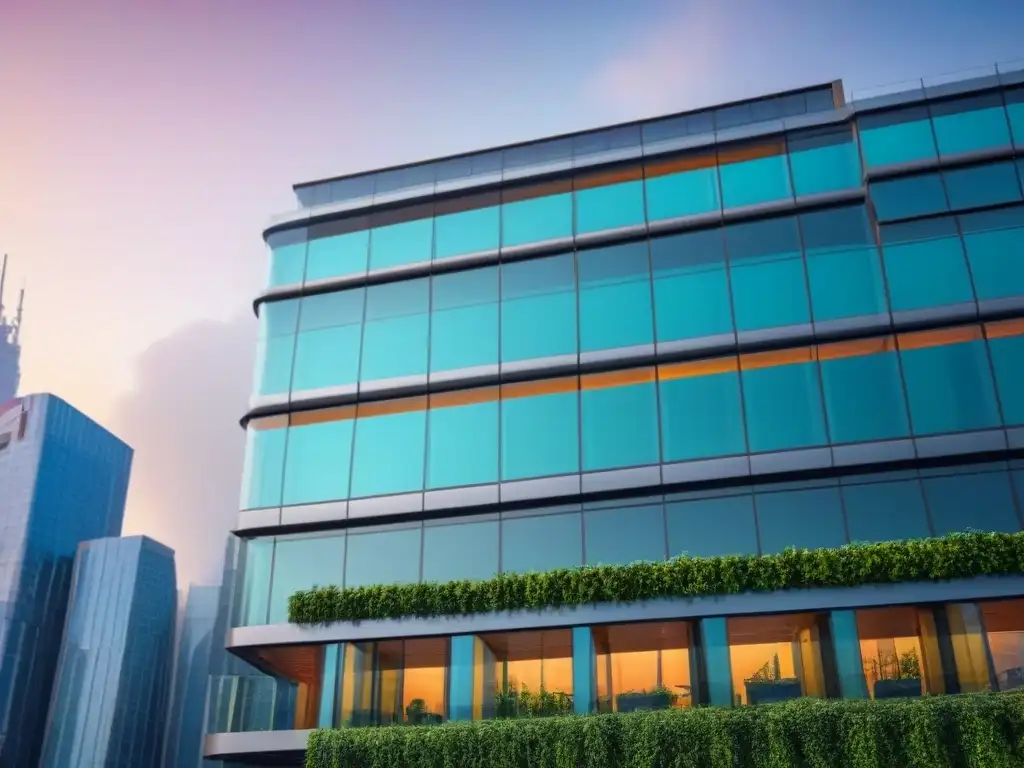 Edificio comercial moderno rodeado de vegetación, reflejando la ciudad
