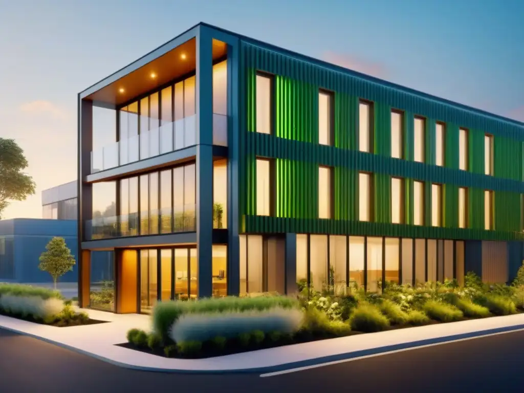 Edificio comercial sustentable: diseño moderno y ecoamigable Edificio comercial moderno y sostenible con diseño elegante