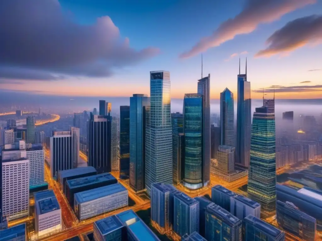 Edificio comercial moderno iluminado al atardecer en ciudad vibrante Edificio comercial moderno con ventanas de piso a techo reflejando la ciudad al anochecer