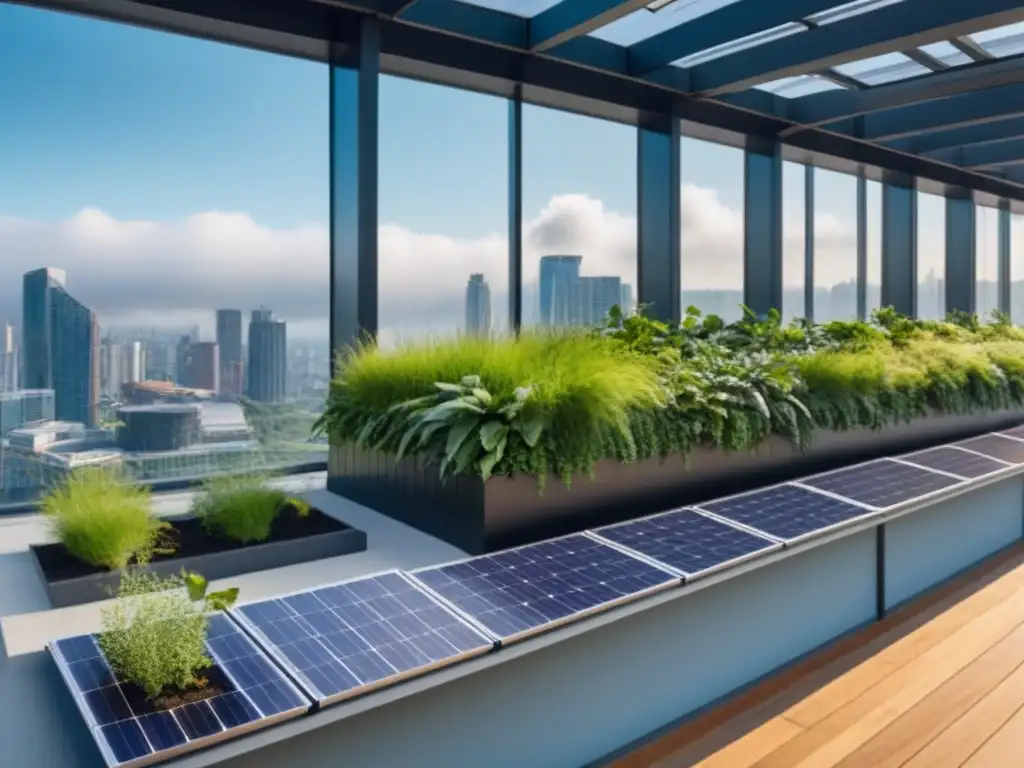 Edificio sostenible con paneles solares en la ciudad Edificio comercial sostenible con paneles solares, vegetación, ciudad, prácticas eco y sol brillante
