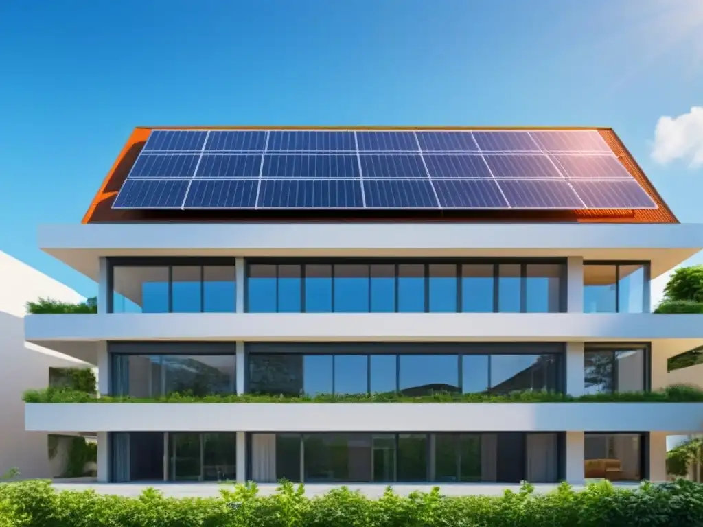 Inversiones Inmobiliarias Sostenibles Rentables: Edificio Ecoamigable 8k Edificio comercial sostenible con paneles solares, rodeado de vegetación, cielo azul y letrero de 'Inversiones Inmobiliarias Sostenibles Rentables'