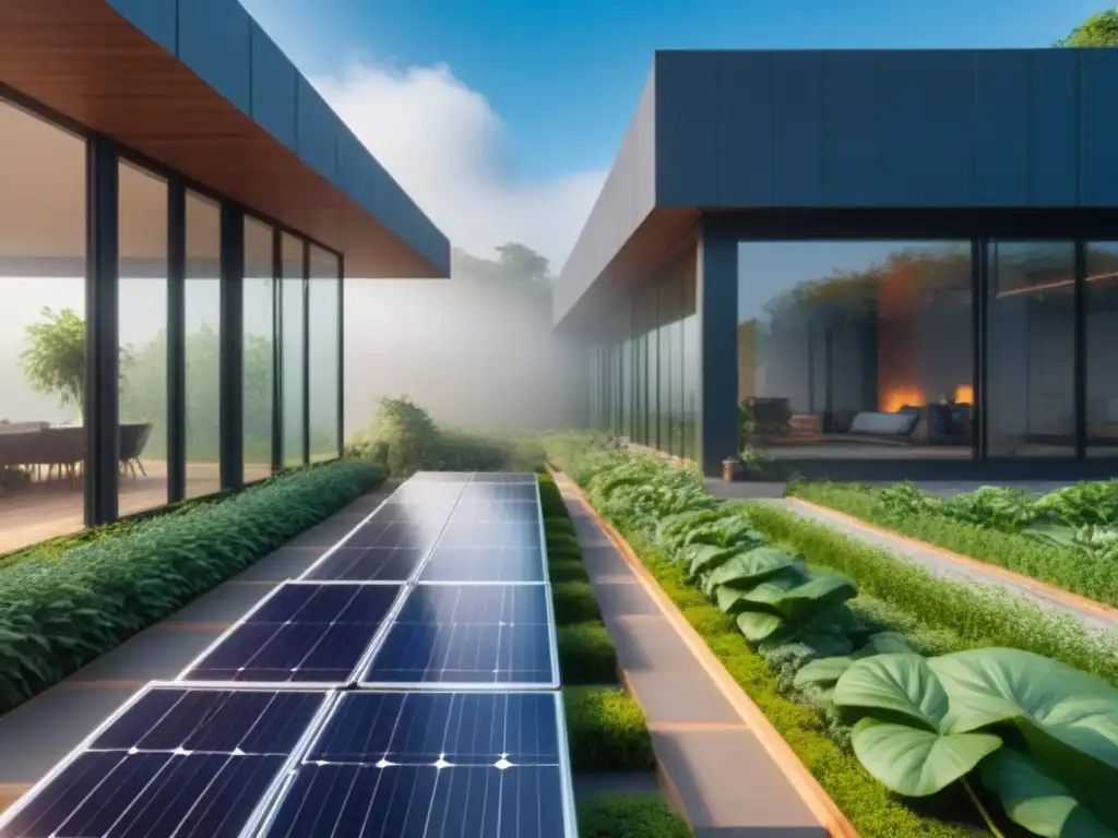 Edificio eco-sostenible en armonía con la naturaleza Edificio comercial sostenible rodeado de vegetación, con paneles solares y diseño moderno