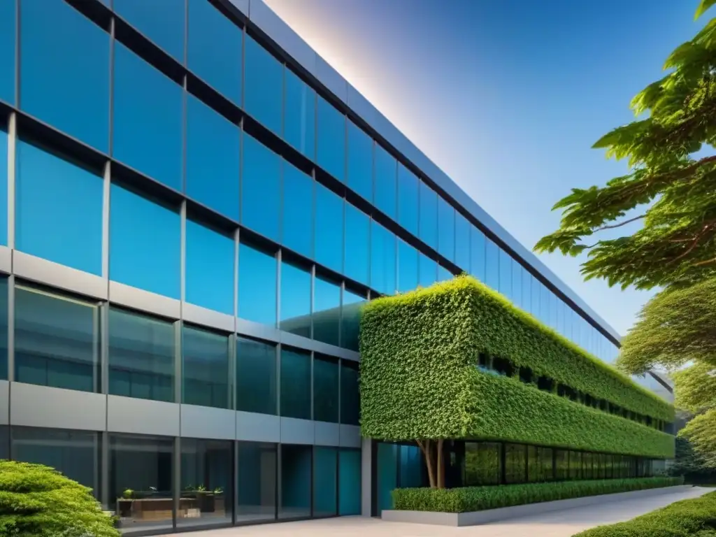 Edificio corporativo de diseño moderno: éxito y profesionalismo Edificio corporativo moderno con arquitectura vanguardista y reflejos de vidrio, rodeado de vegetación bajo un cielo azul