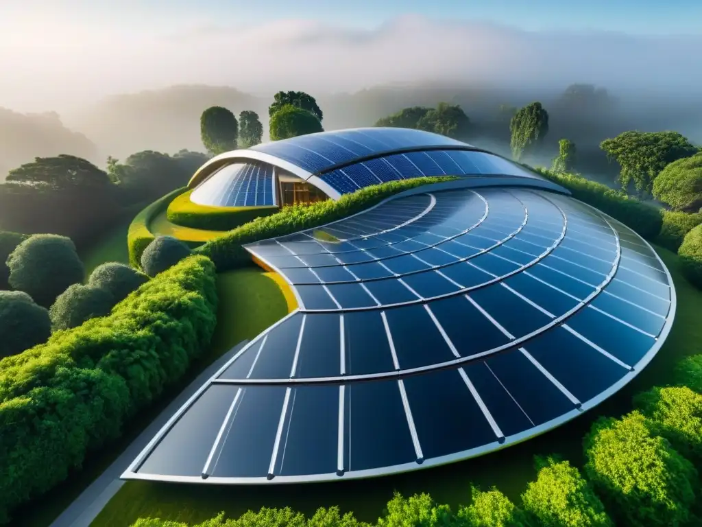 Edificio ecofuturista inspirado en la naturaleza Edificio ecoamigable con diseño biomimético, integrando paneles solares y naturaleza, inspirado en diseños sostenibles