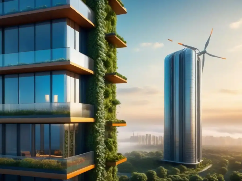 Complejo futurista ecoamigable: arquitectura sostenible integrada con espacios verdes y energía renovable Edificio ecoamigable con diseño sostenible y naturaleza, simbolizando la importancia inversión inmobiliaria sostenible