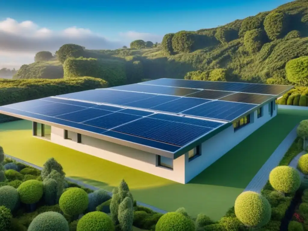 Edificio ecoamigable del futuro: innovación climática y sostenibilidad Edificio ecoamigable con materiales construcción cambio climático, solar y jardines verdes, bajo cielo azul