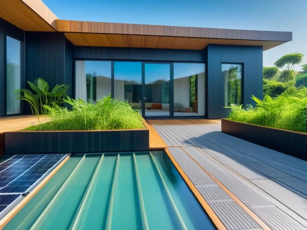 Edificio ecológico: innovación y sostenibilidad en 8k Edificio ecoamigable con materiales de construcción eficiencia energética rodeado de vegetación y cielo azul claro