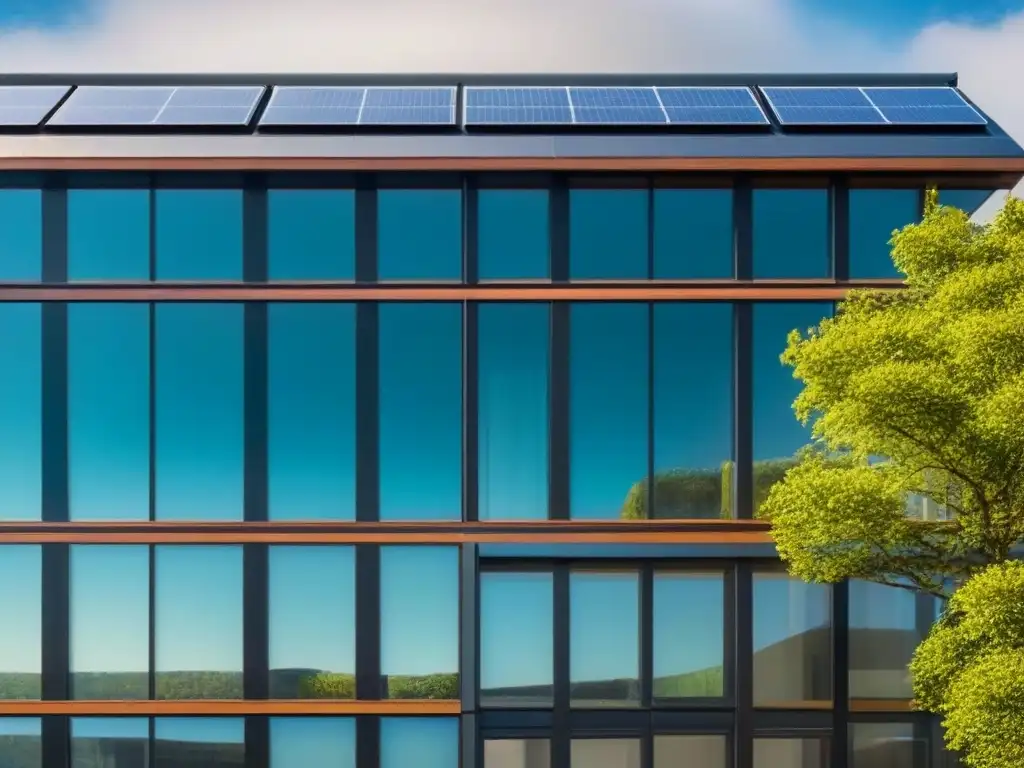 Edificio ecológico de diseño vanguardista Un edificio ecoamigable de materiales reciclados destaca la bioconstrucción innovadora, con paneles solares y techos verdes