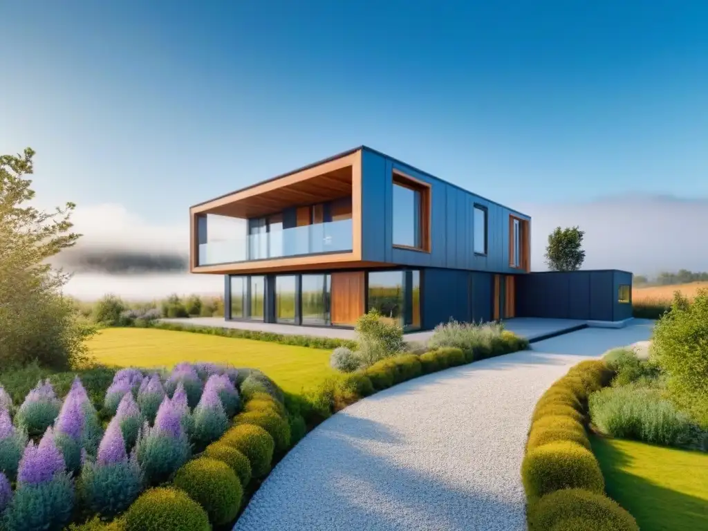 Edificio ecológico innovador hecho con materiales reciclados Un edificio ecoamigable de materiales reciclados destaca en el paisaje, reflejando innovación en bioconstrucción