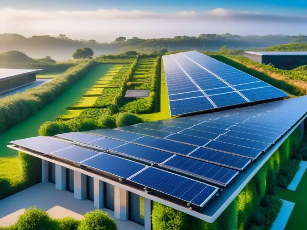 Edificio ecoamigable con paneles solares en entorno natural Edificio ecoamigable con paneles solares, rodeado de vegetación y cielo azul
