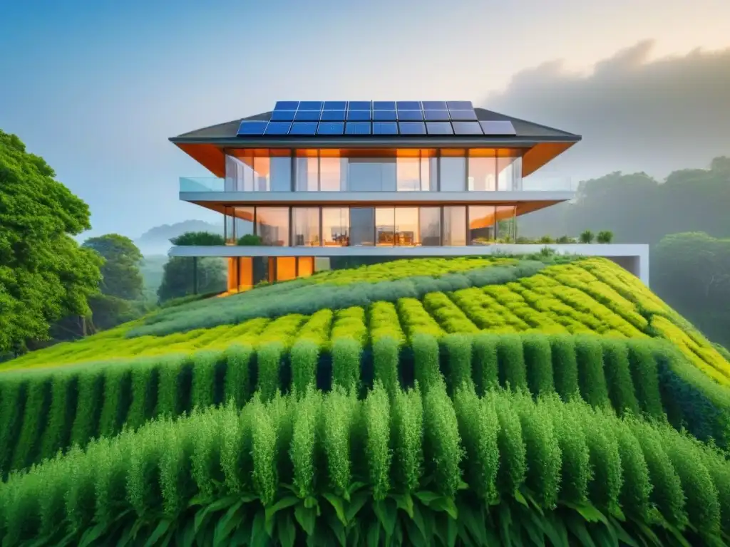 Edificio ecoamigable con paneles solares y vegetación, reflejando innovación en arquitectura