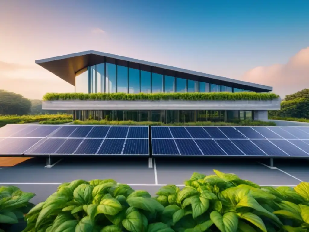 Ecoedificio moderno: sostenibilidad y eficiencia energética en 8k Edificio ecoamigable con paneles solares, vegetación exuberante y estaciones de carga para autos eléctricos